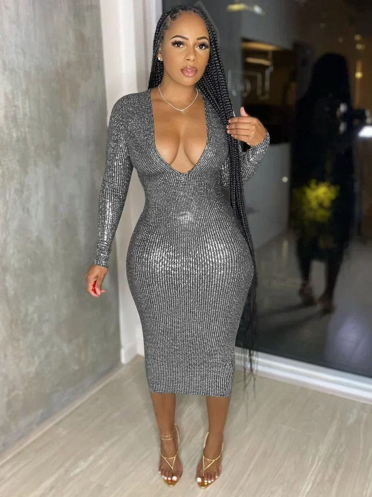 GUWU البرنز كم طويل التفاف العميق الخامس الرقبة Bodycon ميدي فستان المرأة Vestidos مثير نحيل ليلة حفلة موسيقية فساتين كلوبوير