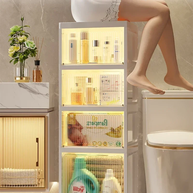 Movable Bathroom Storage Shelves, Floor-to-Ceiling Transparent Toilet Organizer, Waterproof Sideboard Cabinet, Space-Saving