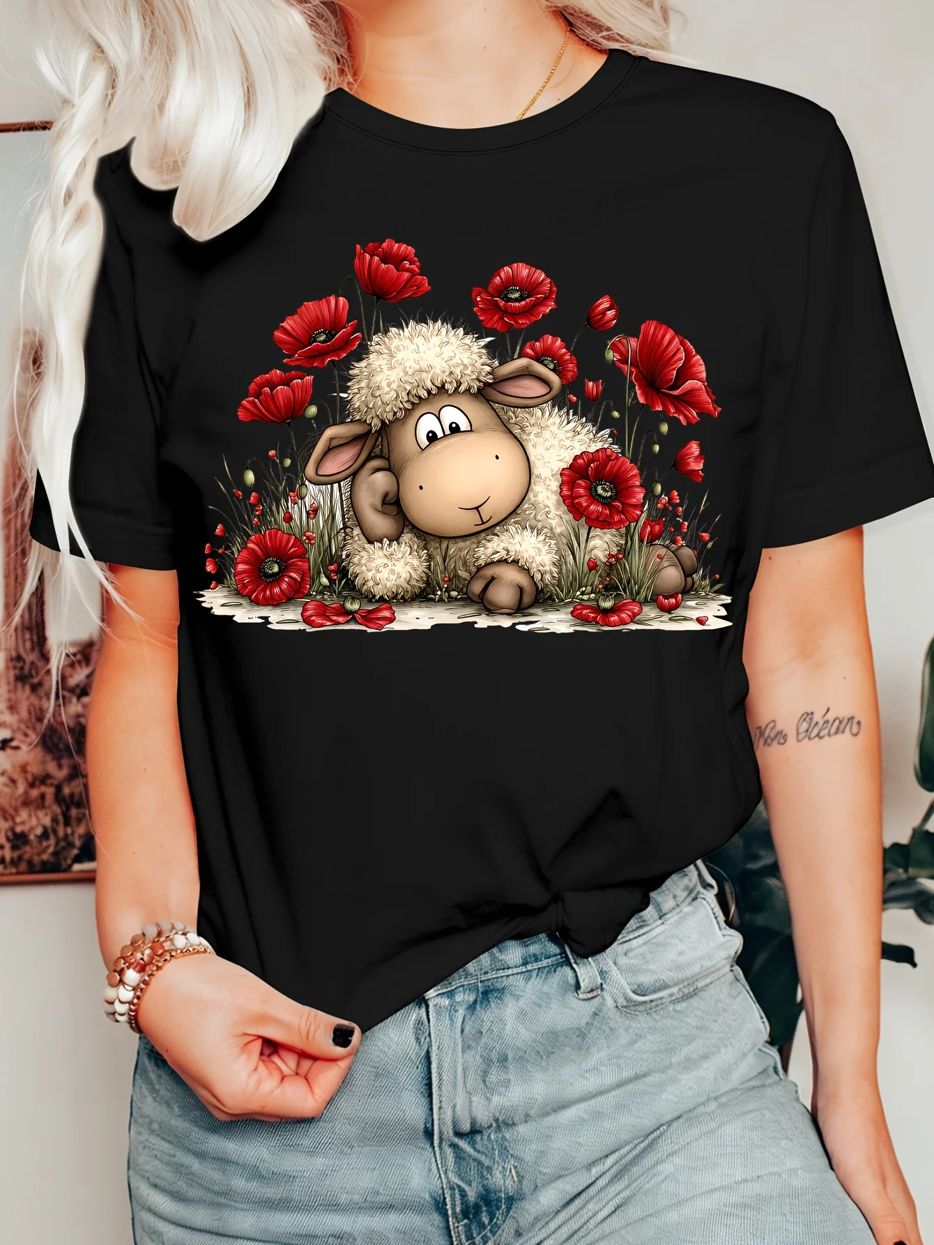Cartoon Sheep Red Poppy Flowers Womens T Shirt Cute Farm Animal Graphic Tee Short Sleeve Casual Daily Holiday Ladies Tops