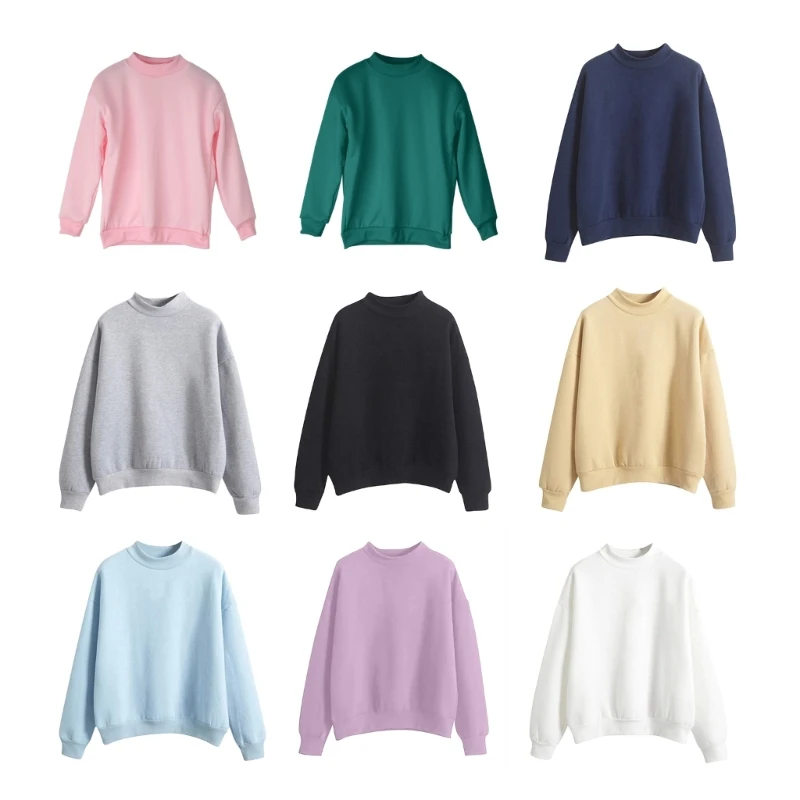 M2EA Casual Long Sleeve Mock Neck Pullover Tunic Top for Women Fashion Simple Solid Color Drop Shoulder Loose Sweatshirts