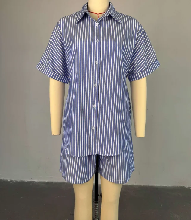 

Fashionable casual blue and white striped loose shirt, paired with high waisted wide leg shorts for the summer of 2025