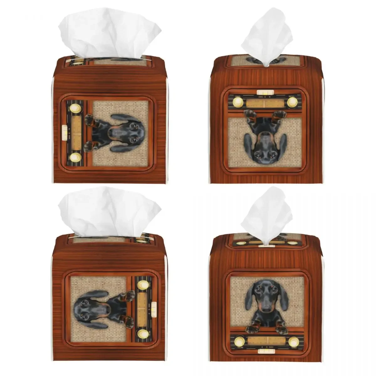 Custom Dachshund Dog On Radio Tissue Box Cover PU Leather Square Badger Wiener Sausage Facial Tissues Holder for Car