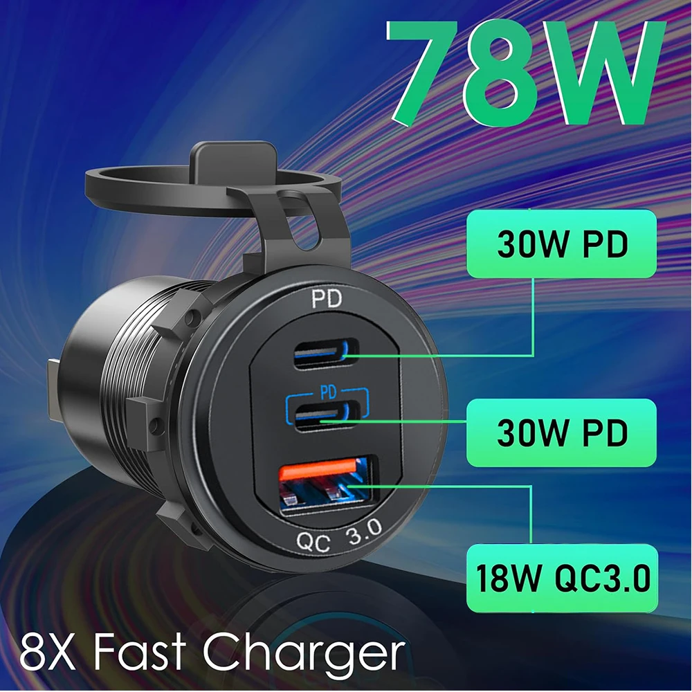 

Kebidumei 12V/24V Multiple Car Charger Socket PD3.0 & QC3.0 Ports Waterproof with Touch Switch Fast Charging Car Moto Adapter