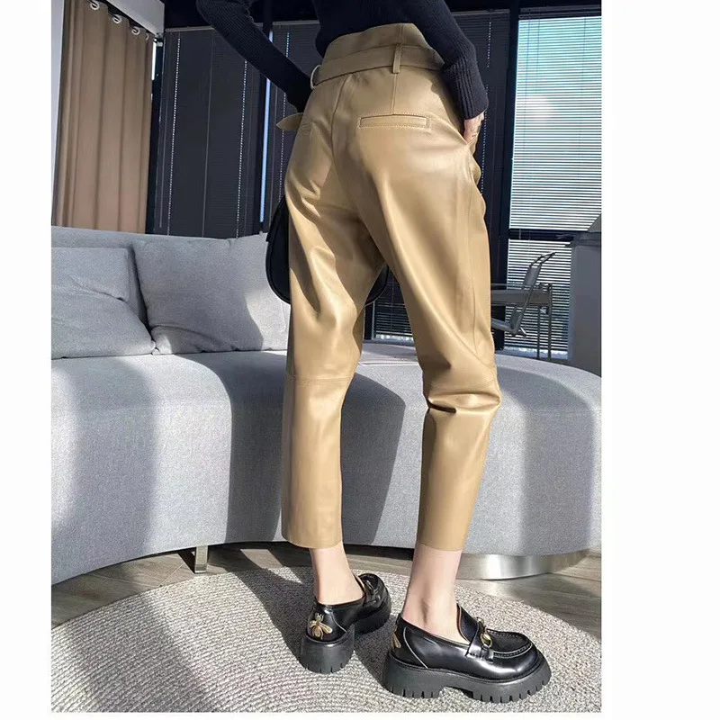 2023 Sheepskin leather pants for women with high waist and slim waist, long pants with matte smoke pipe and cropped pants,  new