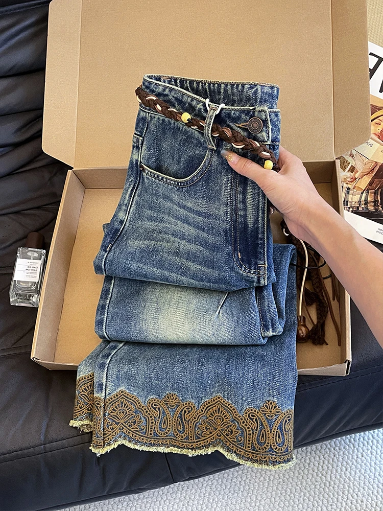 Retro Waed Embroidered Denim Jeans Loose Wide Leg Pants Women's Casual Comfortable Slimming High Waist Jeans Blue