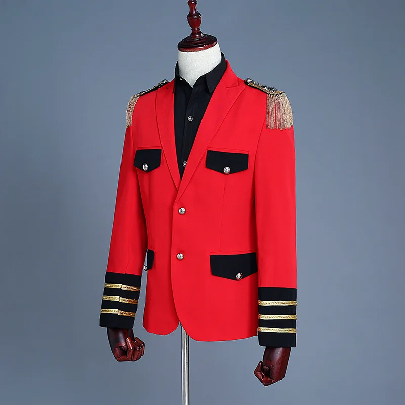 Red Pilot Cosplay Costume Captain Officer Sailor Peacoat Suit Mens Blazer Suit Military Fringe Marching Band Jacket Uniform