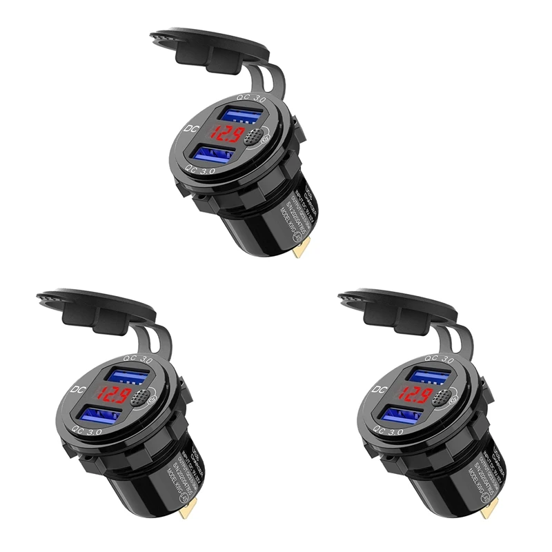 3X Quick Charge 3.0 Dual 12V USB Car Charger, Aluminum Socket With Switch Button And Red Digital Voltmeter, Waterproof