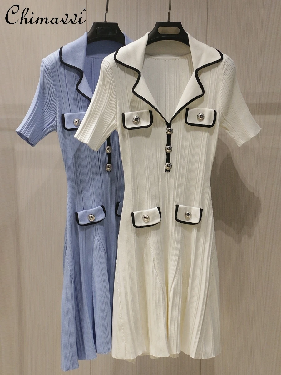 

French High-end Short Sleeve Knitted Light Luxury Dress 2025 Spring and Summer New Fashion Slim Elegant Women's Short Dresses