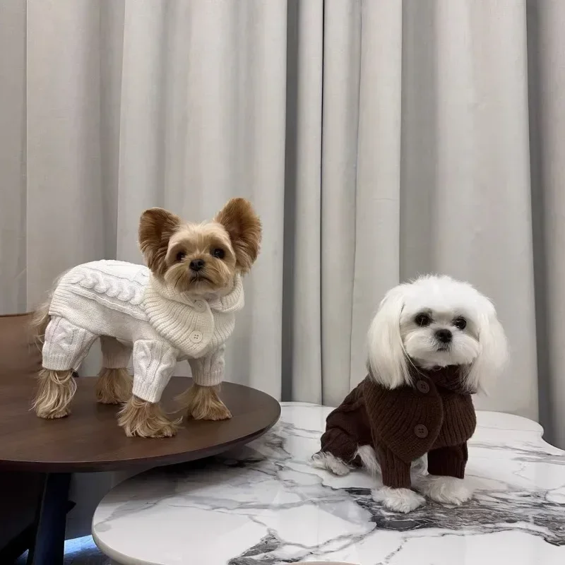 White Knit Sweater Jumpsuit Dog Clothes Solid Color Simple Fashion Small Dogs Clothing Cat Winter Warm Thick Pet Items Wholesale