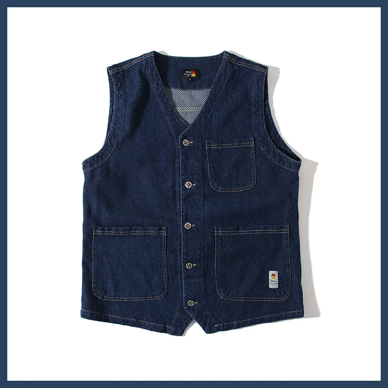 2025 New Men's Outdoor V-neck Denim Vest Multi-pocket Workwear Jacket Loose Fit Youthful Style Regular Length Single Button