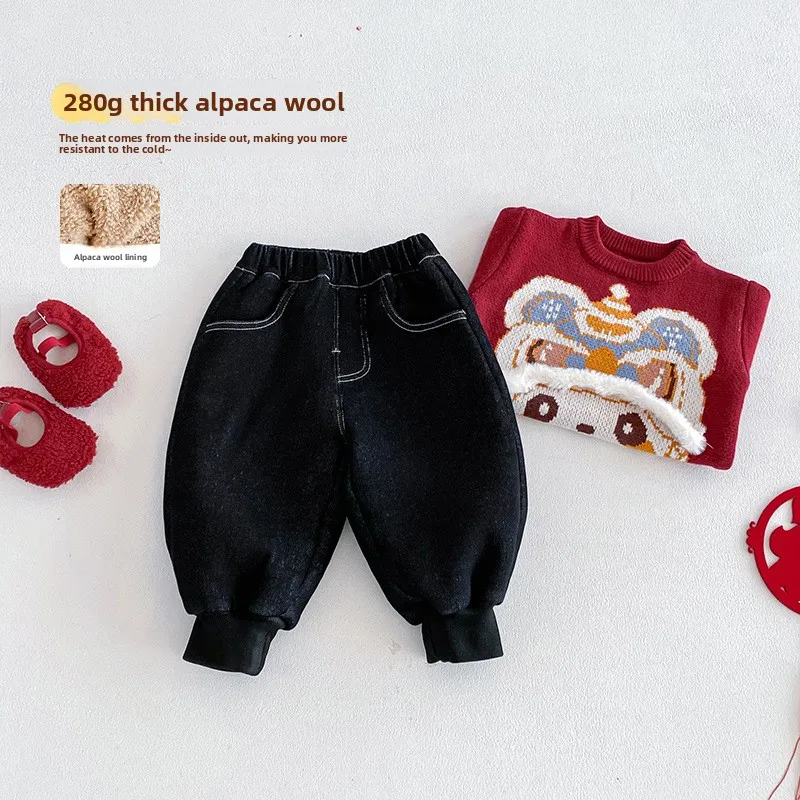 

Children's Velvet Jeans 2025 New Winter Boys' Fashion Solid Color Leg Tight Pants Baby Korean Edition Thick Pants