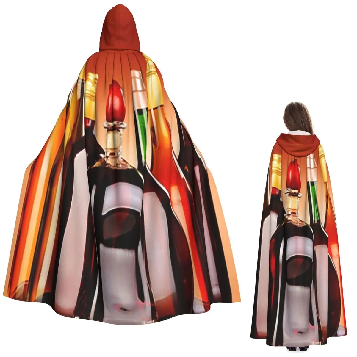 Botellas de bebidas alcohólicas surtidas, capa larga con capucha para cerveza y vino, disfraz Medieval de bruja, capa de Cosplay, abrigo de Halloween para adulto