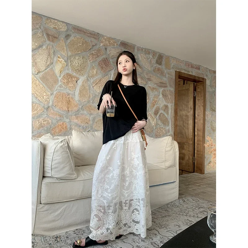 Elegant Skirts Women Lace Patchwork Spring Fashion French Style Stretch High Waist Sweet Hollow Out Long Skirt Female Casual