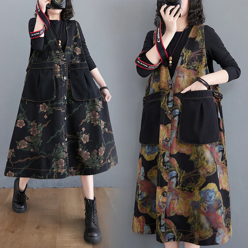 Long Oversized Denim Vest Women's Sleeveless Knee-Length Vintage Print Outerwear Versatile plus Size Trendy Cotton Commute Style
