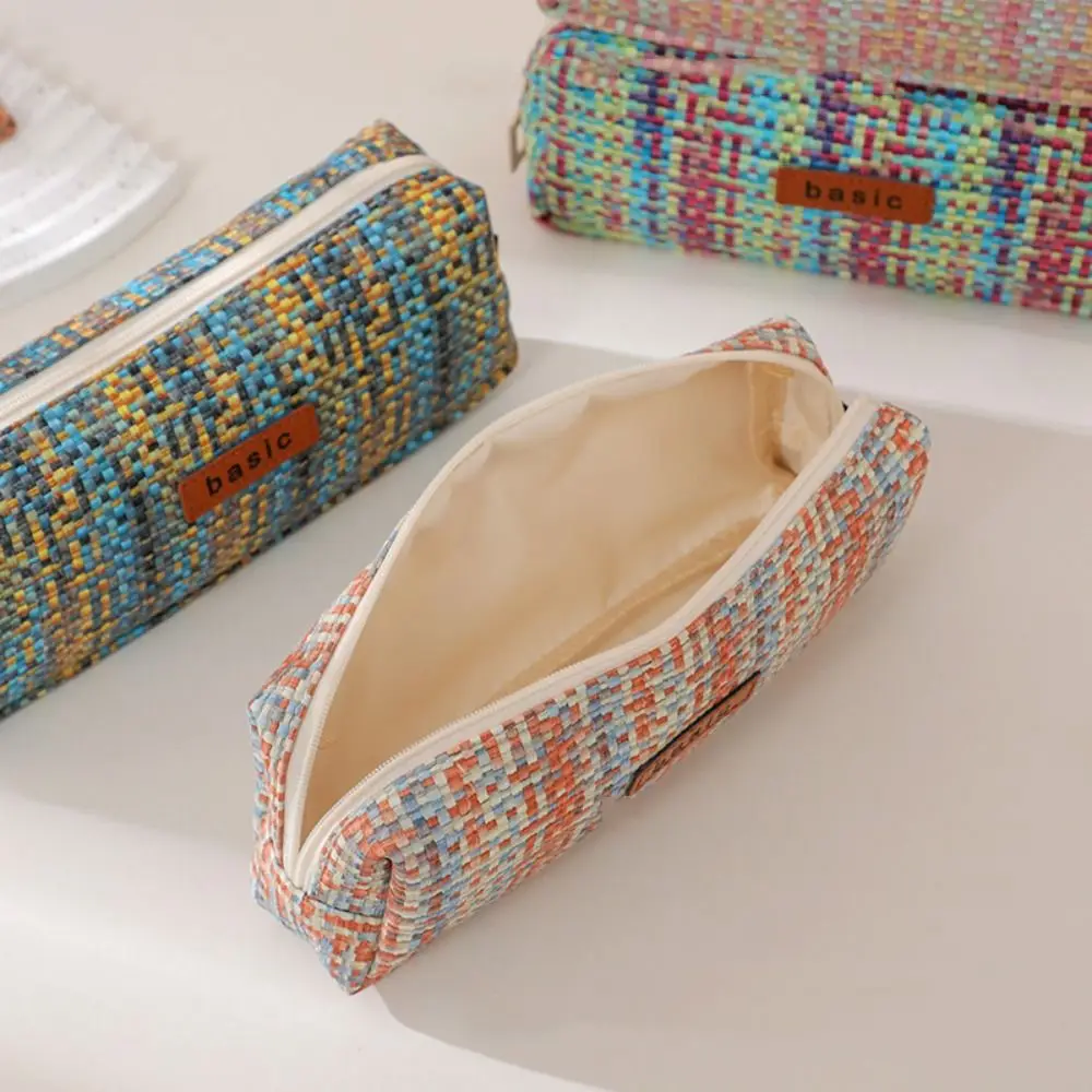 Kawaii Woven Pencil Case Large Capacity INS Simplicity Cosmetic Storage Bag Dopamine Scratch-proof Pen Bag Student Supplies