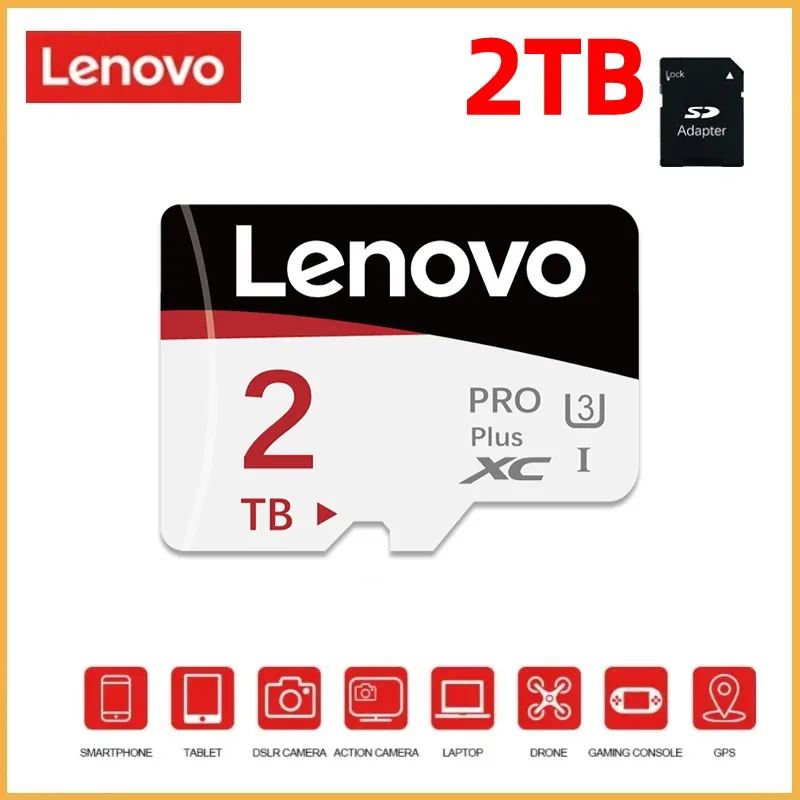 Lenovo-Cartão de Memória da Câmera Profissional, Cartão Micro TF, Cartão SD para alto-falante do telefone, Velocidade rápida, Adaptador SD, 2TB, C 10, 1TB