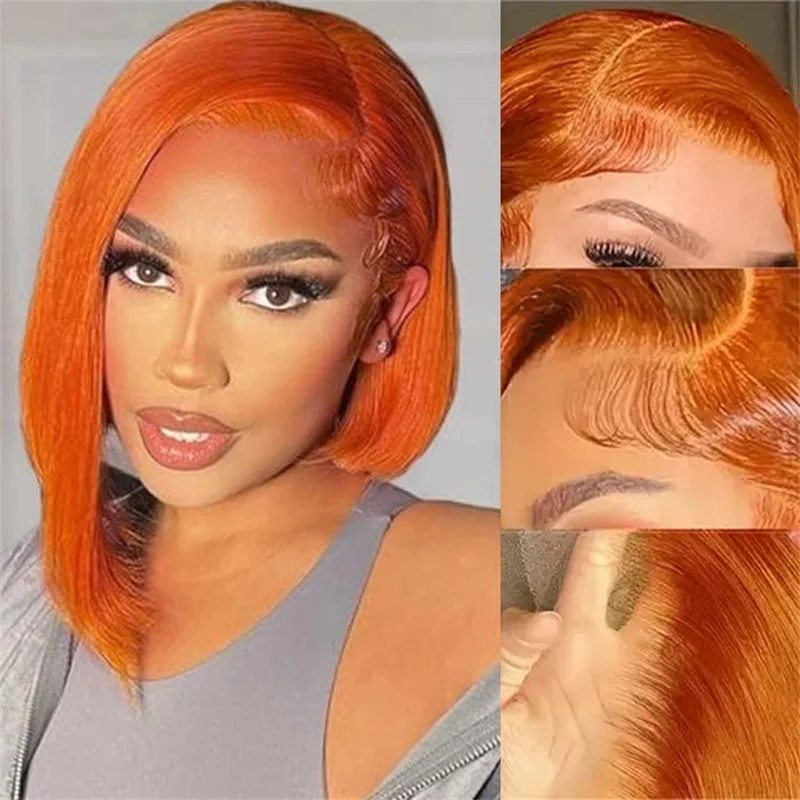 Orange Ginger Color 13x4 Lace Front Wigs Remy Human Hair Short BoB Wig Baby Hair For Black Women Preplucked