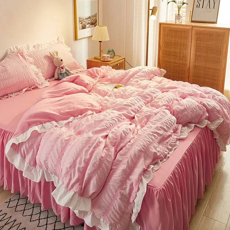 Bed Linen Seersucker Spring Summer Bedding Set  Luxury Skirt Sheets Quilt Cover Comforter Couple Duvet Cover Bedspread Beds