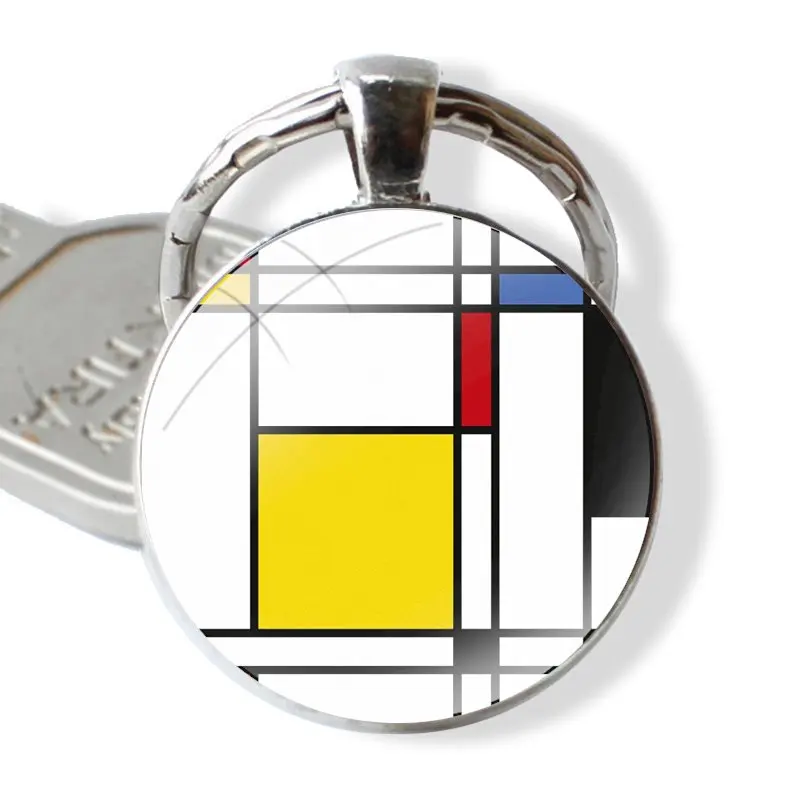 Keychain Handmade Glass Cabochon Key Ring Holder Pendant Key Chains Mondrian grid