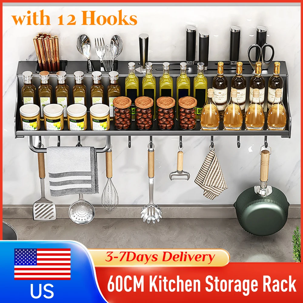 

60CM Punch-Free Hanging Storage Rack Stainless Steel Kitchen Organizer Space-Saving for Spice Knife Chopsticks Spoons Utensils ﻿