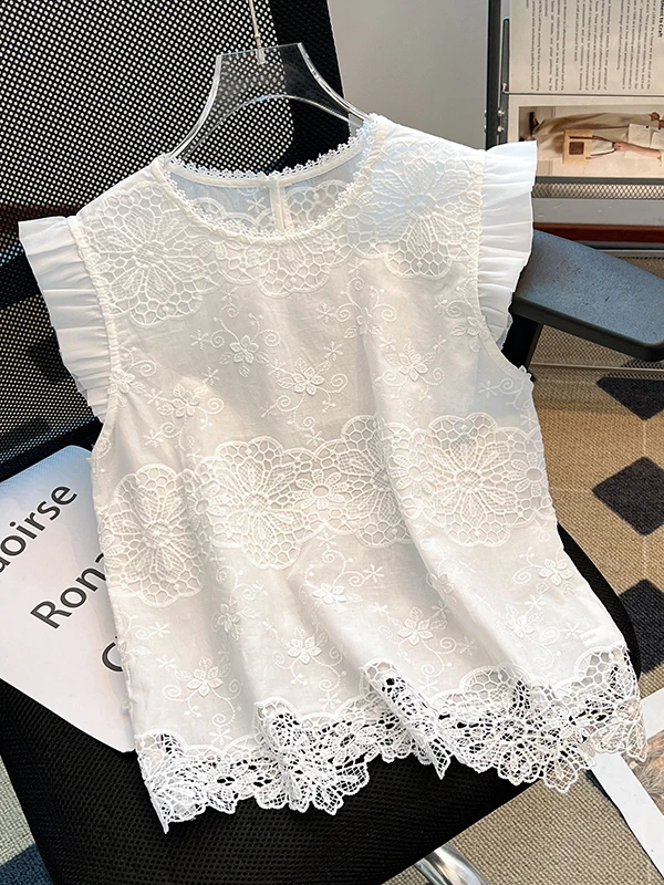 레트로 자수 조끼 여성 여름 루즈 레이스 트림 헴 이너웨어 플라이 슬리브 스몰 탑 편안한 통기성 면