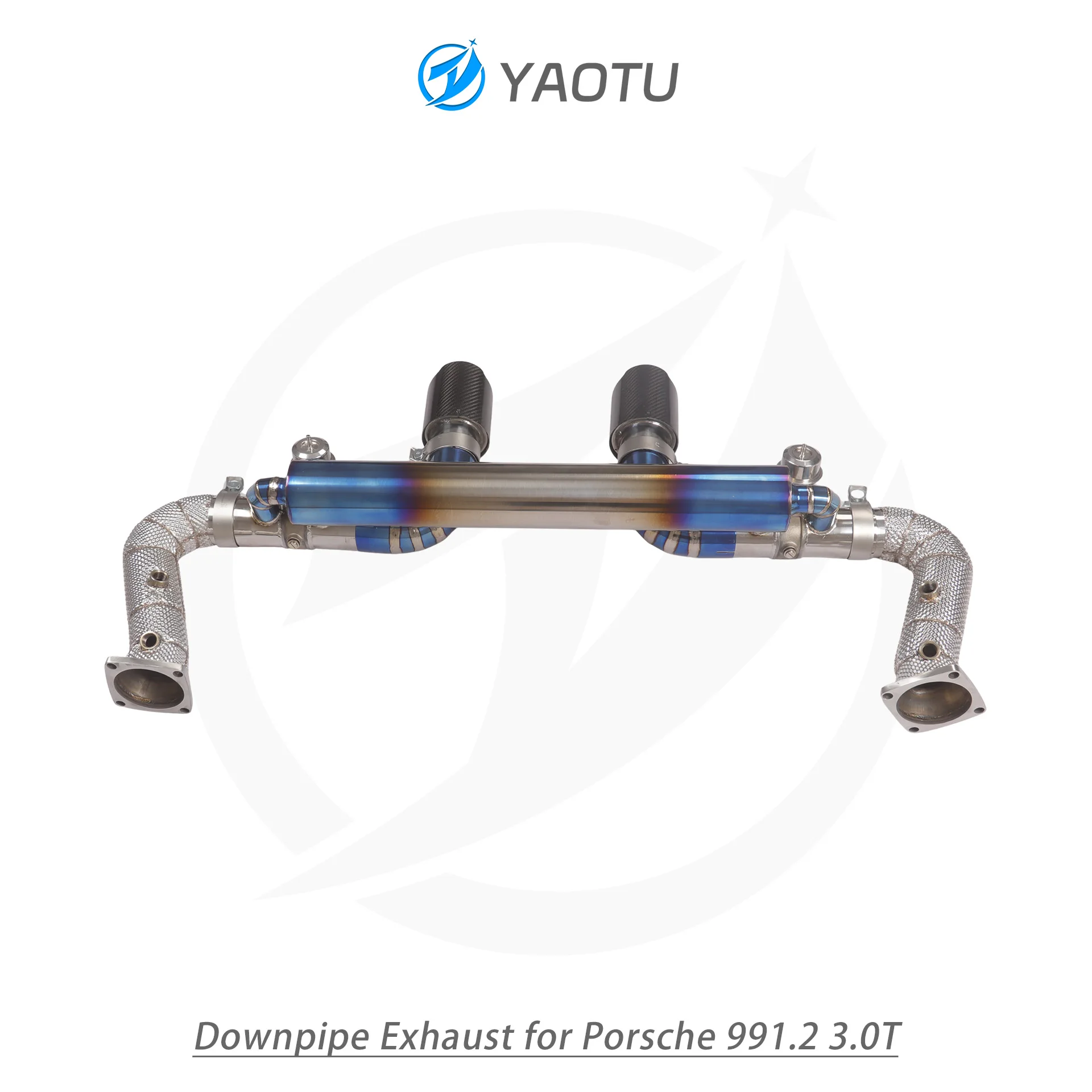 YT Full Titanium Exhaust Downpipe for Porsche 991.2 3.0T Blue Coated SS304 Straight-Throug Dual-Side Single Valved Rear