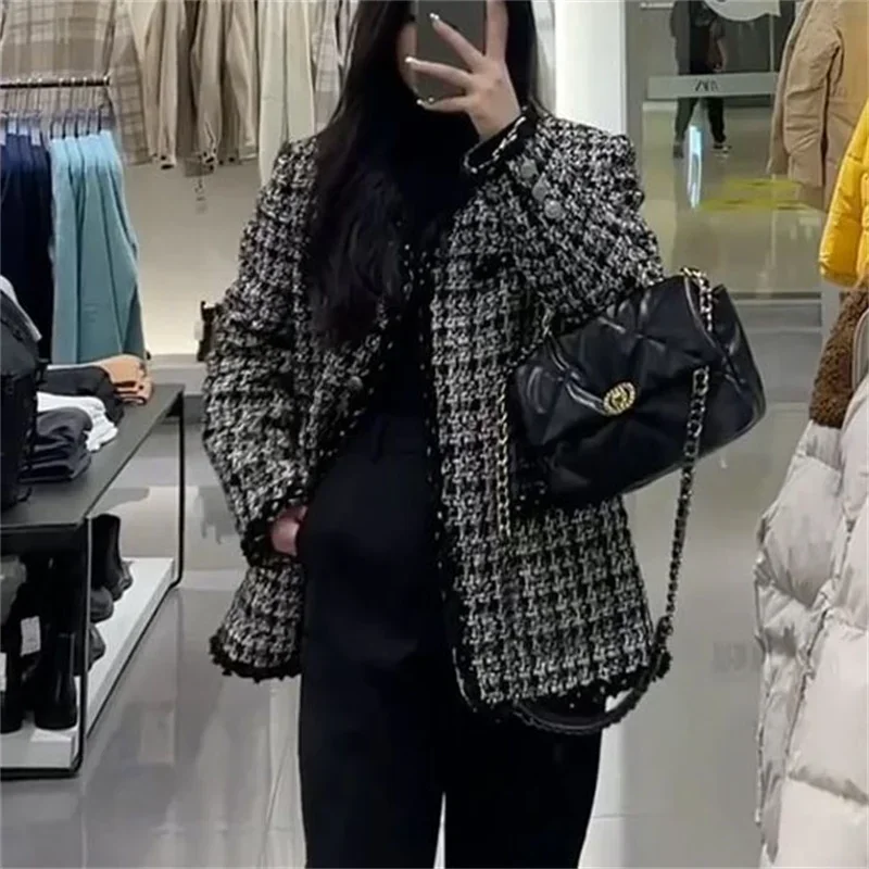 Elegant Plus Size S-4xl Tweed Plaid Jackets Korean Fashion O-neck Single Breasted Big Pocket Coats Streetwear Women Casual Tops