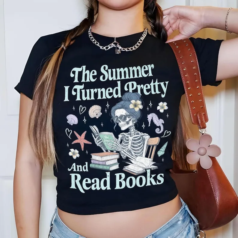 الصيف تحولت جميلة وقراءة الكتب طباعة قصيرة الأكمام تي شيرت TSITP أبناء الشاطئ الشباب تي شيرت الهيكل العظمي الرجعية كتاب فتاة المحملة