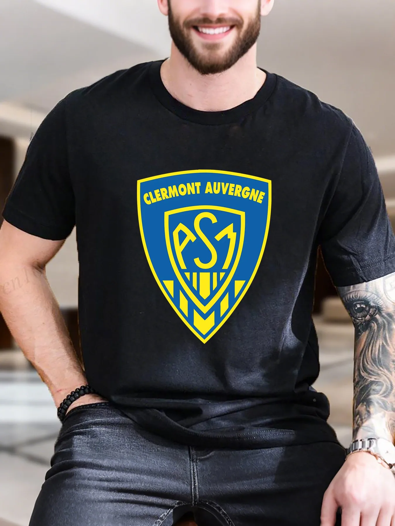 

Men's Printed Short Sleeve T-Shirt - Yellow & Blue Shield Arrow Design, 100% Cotton Breathable Casual Comfortable, Summer Stylish