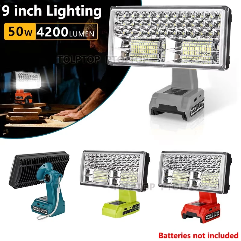 

9 inch LED Flashlight Cordless Flood Lamp For Makita/Dewalt/Milwaukee/Bosch/Ryobi 18V Li-ion Battery with USB Port&Type C Port