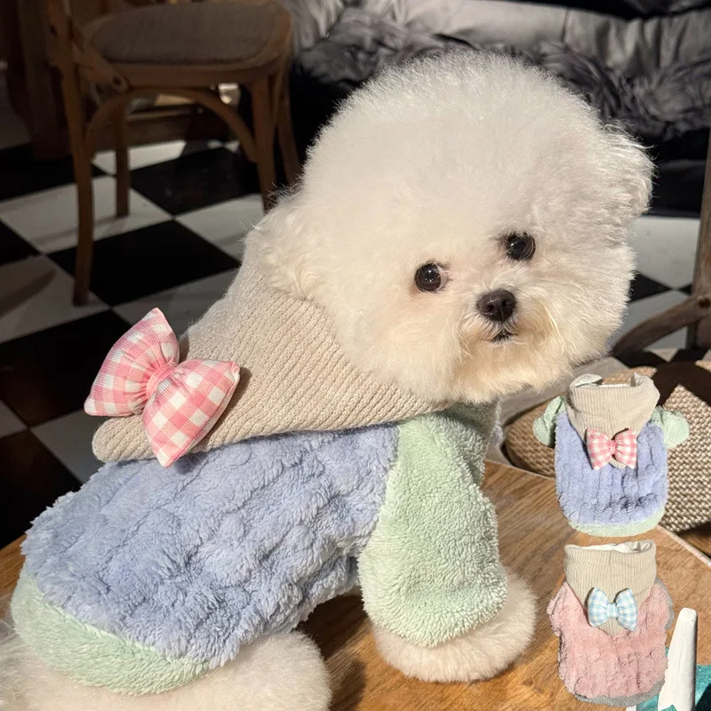 

Winter Bow Plush Pet Hoodie Winter New Arrival Teddy Sweatshirt Pomeranian Bow Tie Clothing Schnauzer Warm Button-Down Clothes