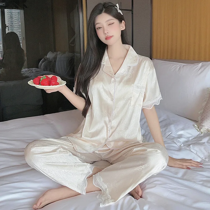 

Элитная женская пижама из ледяного шелка во французском стиле с принтом бабочек, летний тонкий домашний комплект с коротким рукавом, женский летний комплект одежды