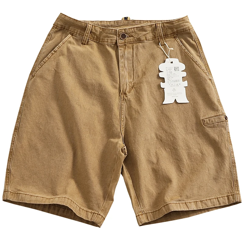 

Waed Vintage Khaki Workwear orts Men's Casual Loose Straight Leg Simple Five-Quarter Mid-Pants Faion Urban Youth Summer