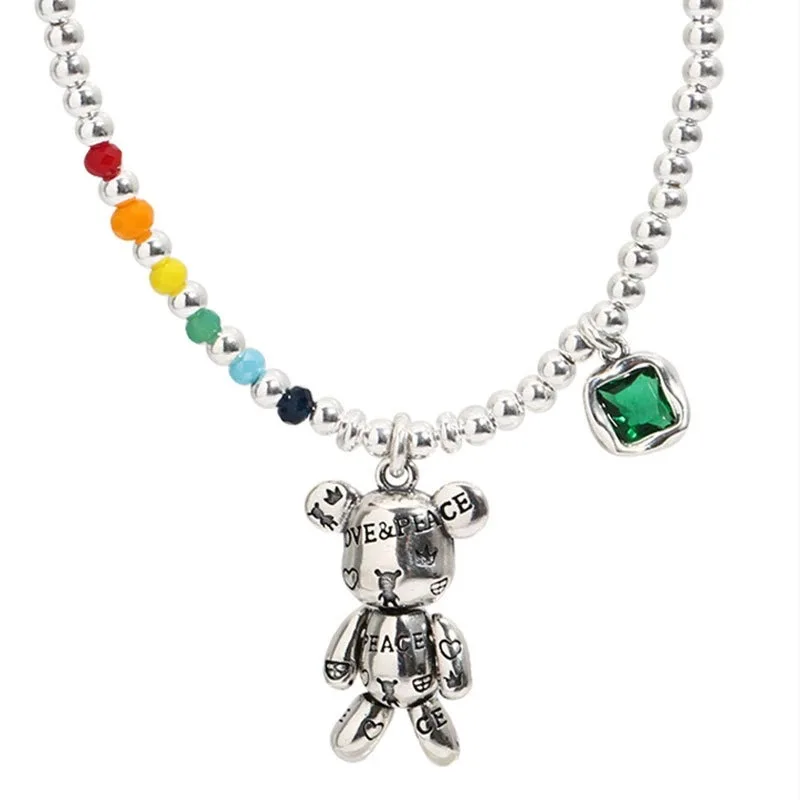 Silver Color Necklace Charm Bracelet Jewelry Colorful Round Beads Design Cute Bear Zircon Pendant Party Jewelry sl208 image 6
