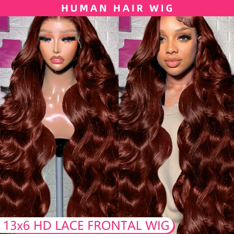 

Reddish Brown Body Wave Lace Frontal Wig 13x6 Hd Lace Front Human Hair Wig 30 38Inch Water Wave Transparent Lace Wigs For Women