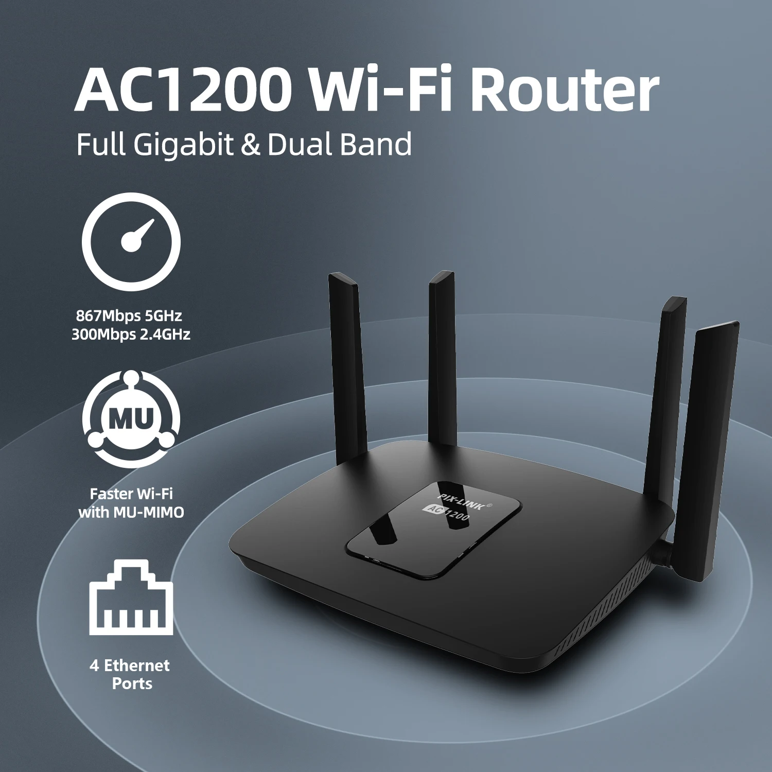 

PIX-LINK AC06 AC1200 Двухдиапазонный гигабитный Wi-Fi роутер 1200 Мбит/с 5 ГГц/2,4 ГГц MU-MIMO, 4 порта Ethernet, простая настройка, мощный сигнал, для дома