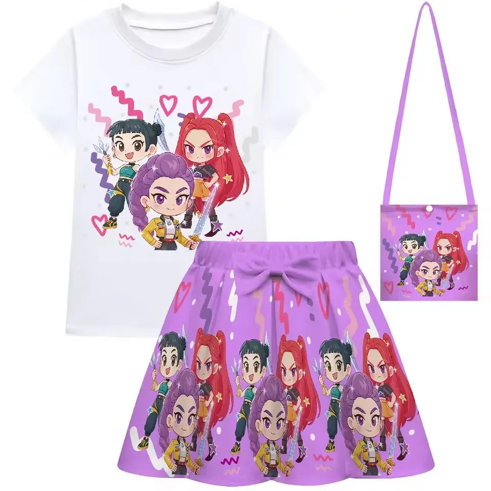 KPop شيطان الصيادين رومي المعبود تأثيري الاطفال زي مجموعة 3 قطعة ميرا تي شيرت فستان حفلة أنيمي الملابس للفتيات