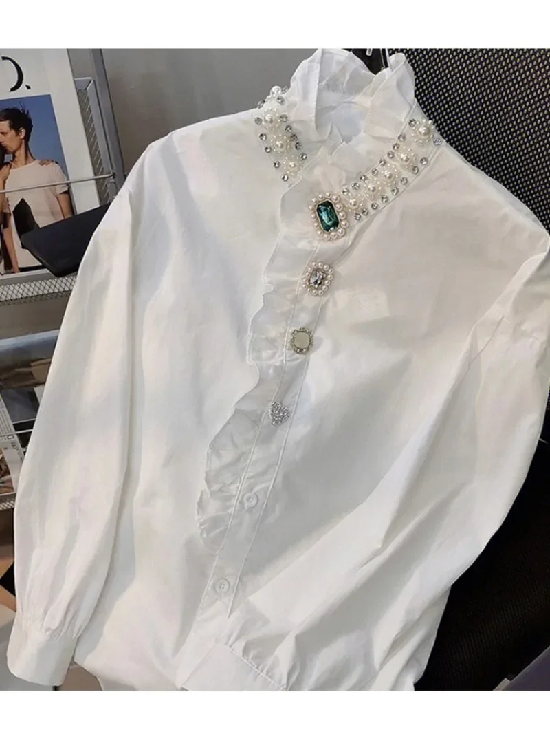 Chiffon Women\'s Shirts Loose Solid Office Lady Blouses Spring/Summer Ladies Clothing Fashion Beading Women Tops