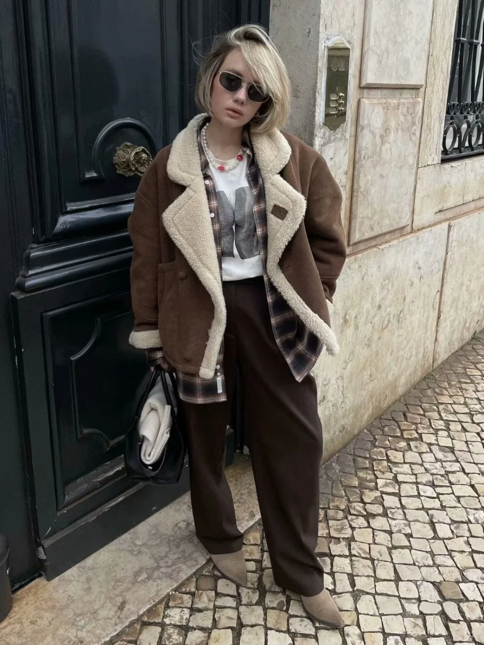 Thiened スエード バイカー ジャケット ラムファー襟 ヴィンテージ スタイル 冬用アウター ストリートファッション コート レディース プレミアム衣料