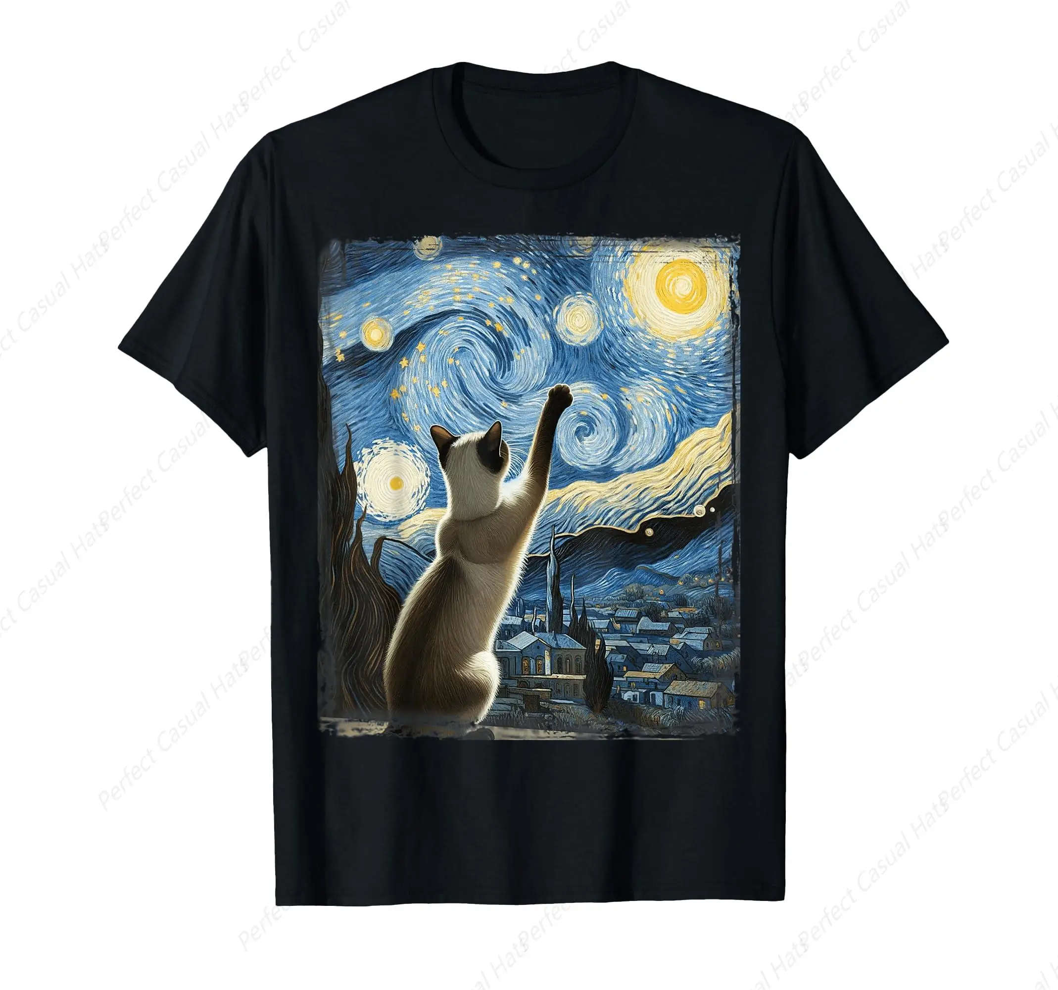 Van Gogh Starry Night Style Artistic Siamese Cat T-Shirt  Casual O-Neck Printed High Quality Tees Top