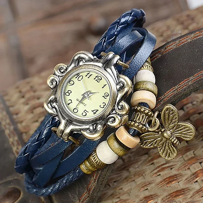 Multicolor High Quality Women Genuine Leather Vintage Quartz Dress Watch Bracelet Wristwatches Leaf Gift Christmas