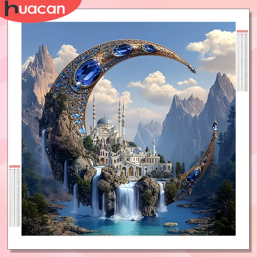 HUACAN Schloss Landschaft Diamant Mosaik auf dem Keller Mond Wasserfall voller Bohrer handgemachte Gemälde Home Wall Art Dekor