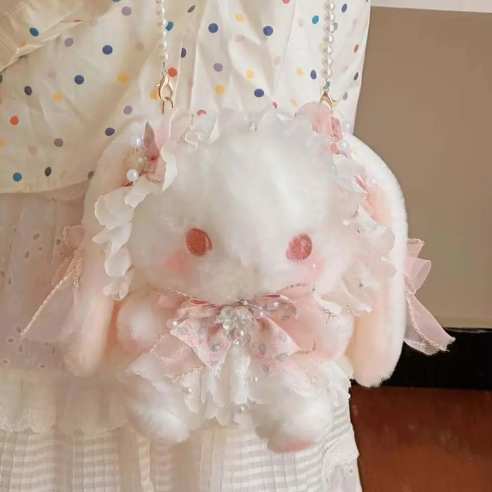 Bolsa de pelúcia de coelho kawaii princesa doce bolsa de ombro corrente de pérola bolsa de coelho de orelhas compridas