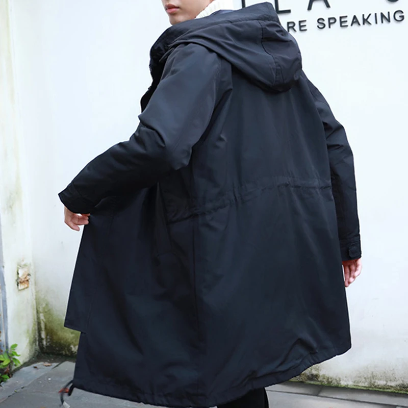 Long Trench Coat Men Fashion Hooded Windbreaker Black Overcoat Casual Jackets Big Size