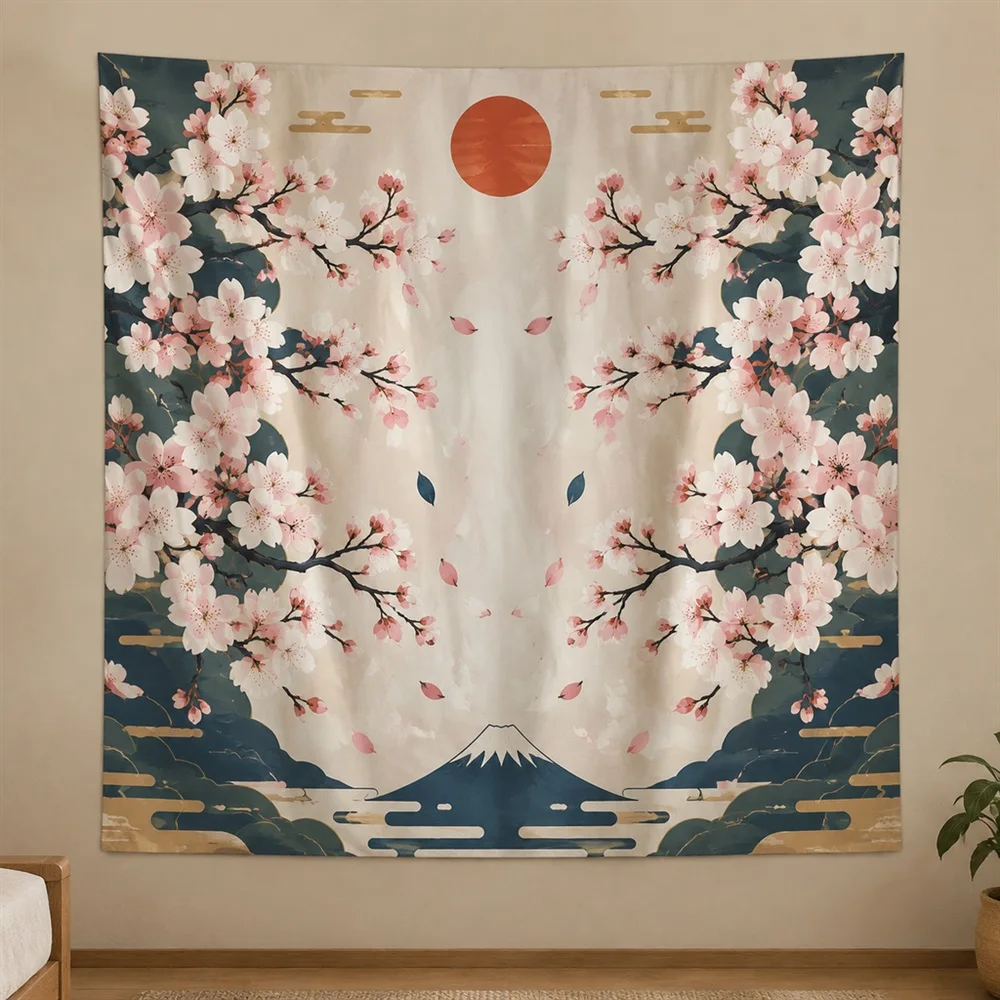 VIKAMA Cherry Blossom Branch Mirror Symmetric Tapestry Wall Hanging, Japanese Wall Decor Tapestries for Living Room Bedroom