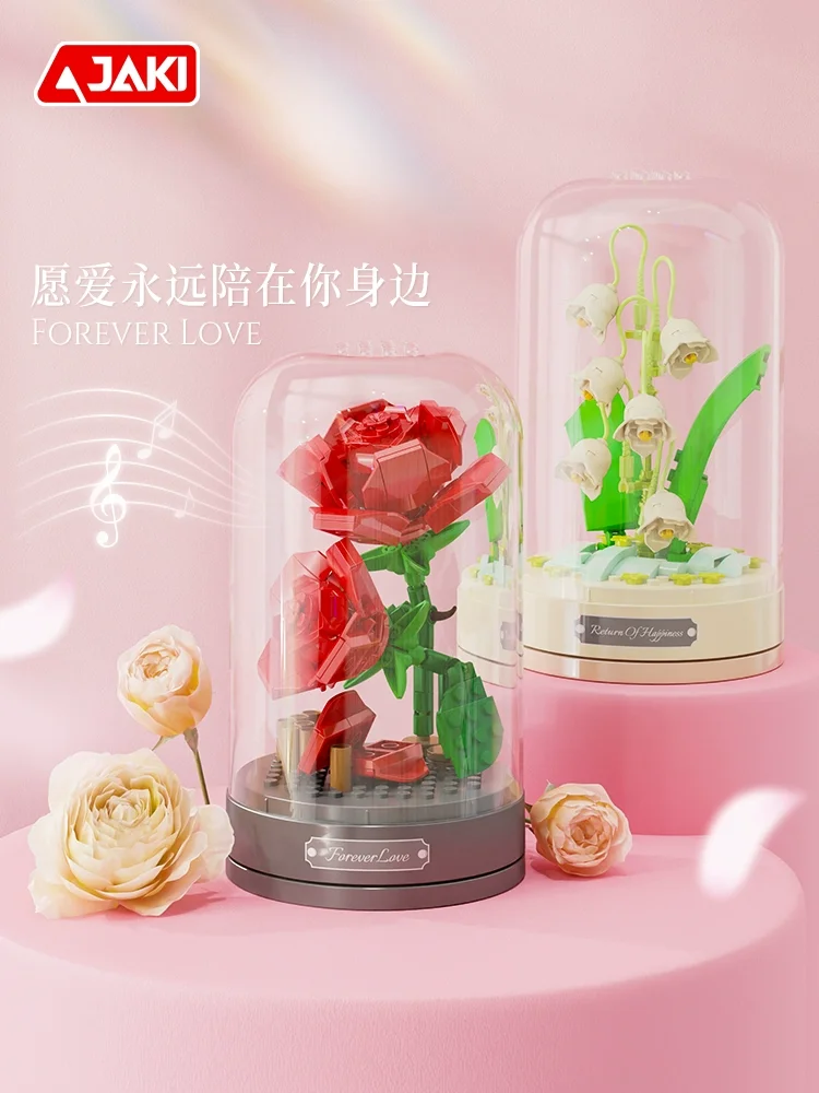 

JAKI Building Blocks Eternal Flowers Rose Music Box Bobo Ball Bouquet Assembly Giving Girls Birthday and Valentine's Day Gifts