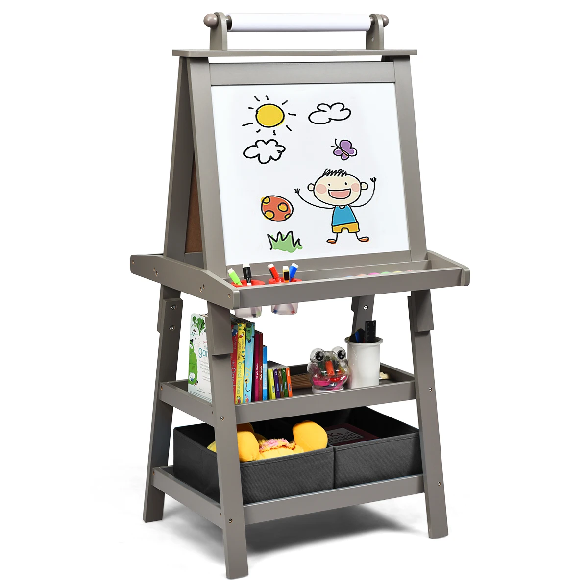 

3 in 1 Double-Sided Storage Art Easel w/ Paint Cups for Kids Writing Earl Grey