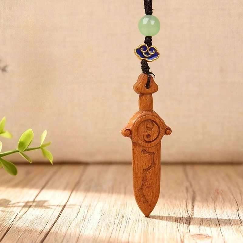 Cute Jujube Wood Small Sword Keychain Phone Strap Wooden Carving Craft Pendant Home Decor Creative Handmade Ornament Accessory