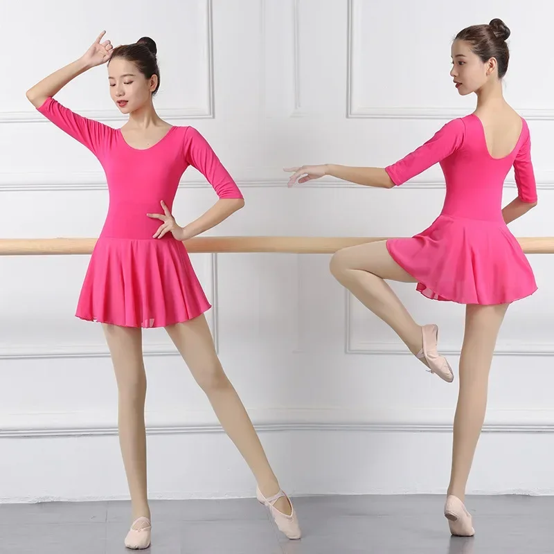 New Dance Leotards For Women Professional Ballet Costumes Adult Dance Dress Rose Red Cotton Leotard With Chiffon Skirt