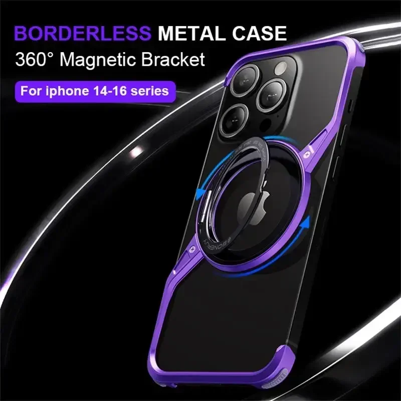 

Metal Phone Case Magsafe Case For iPhone 14 15 16 Pro Max 15Pro 16Pro 360° Rotating Stand Aluminum Alloy Frameless Cooling Cover